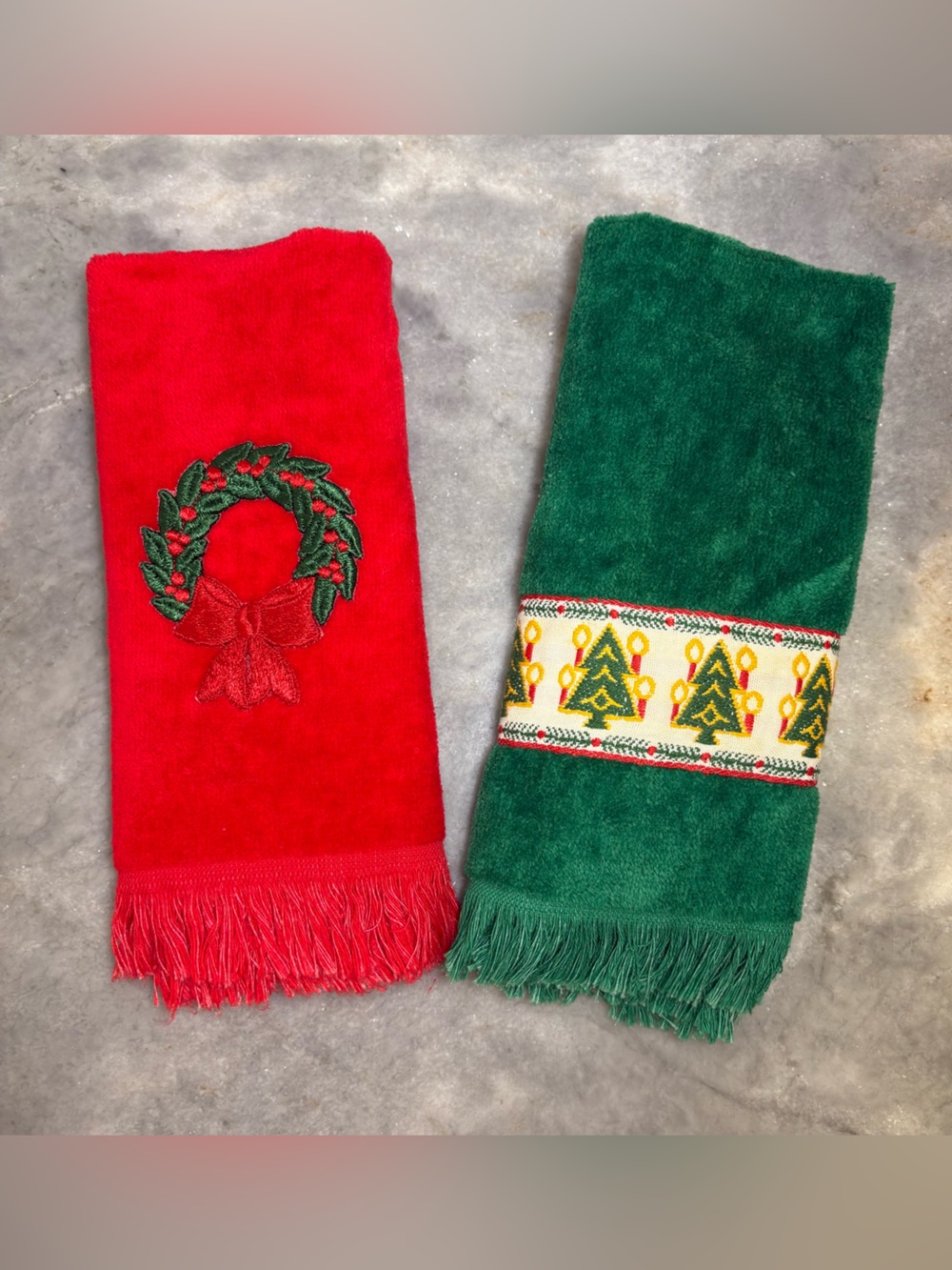 VTG Fieldcrest Cotton Christmas Hand Towel Set Fringed Embroidered Holiday